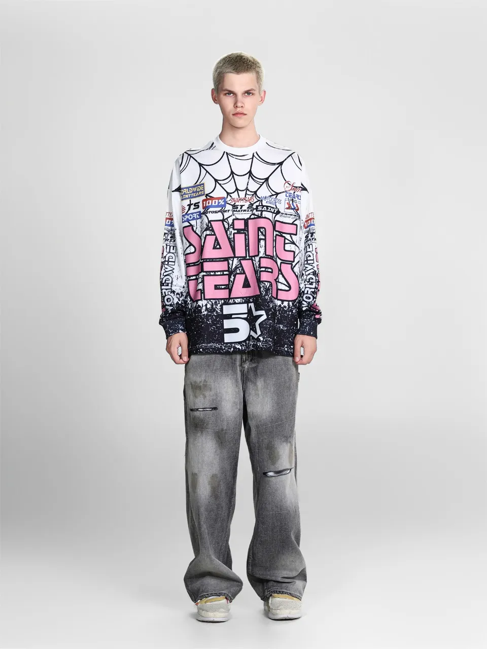 Saint michael tears all-over printed long-sleeved vintage autumn and winter T-shirt Style number: 118 Size: M L XL Wholesale price: 136 Color: white